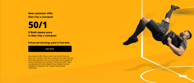 Betfair Sign Up Offer – Get 50/1 On Both Teams To Score In Man City vs Liverpool